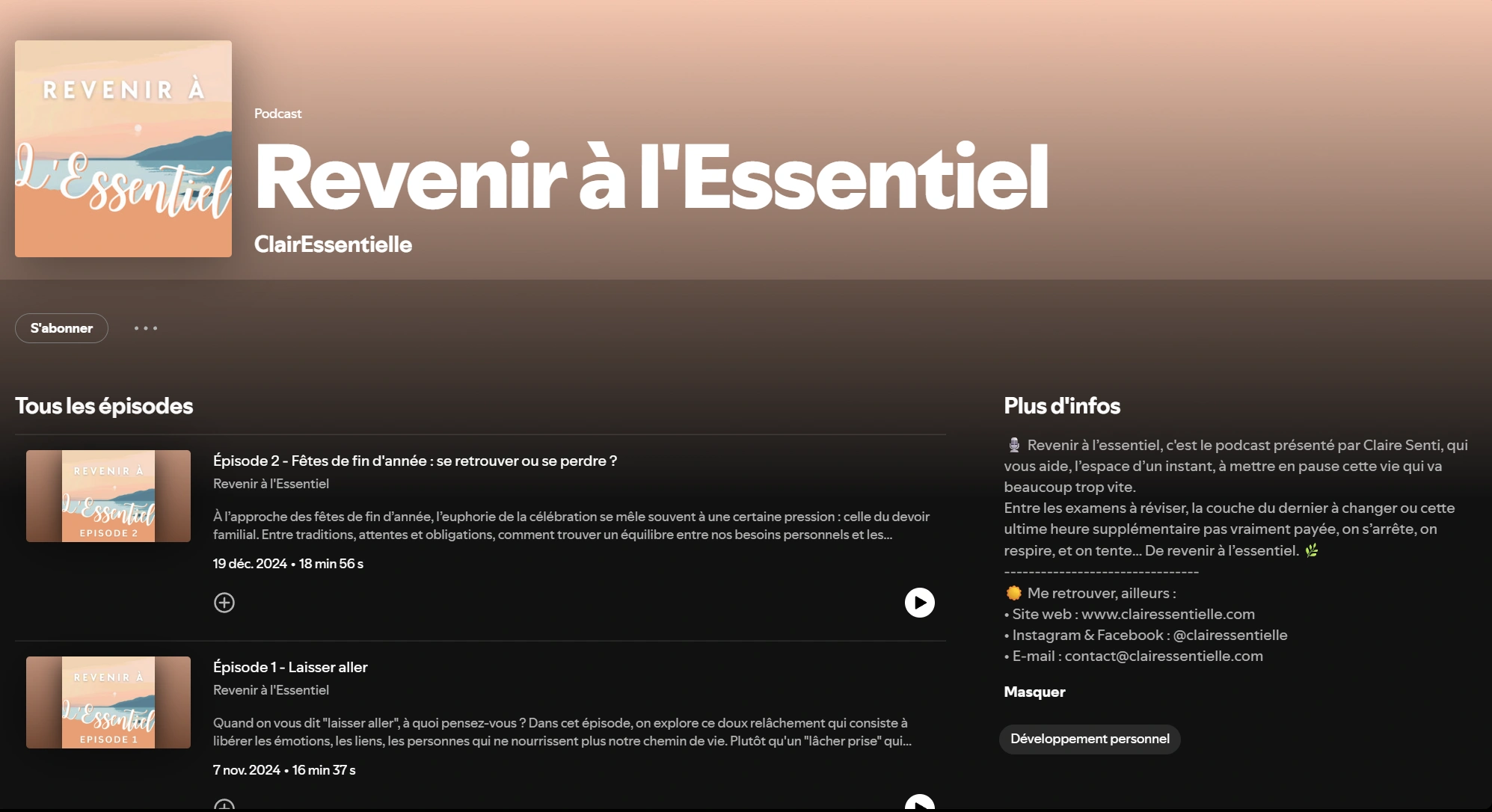 Screenshot Spotify, Podcast Revenir à l'essentiel